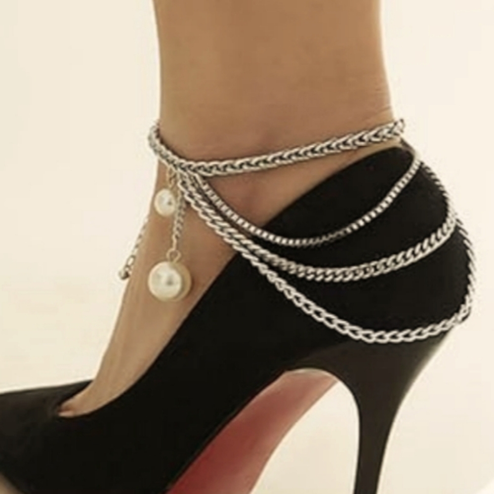 2pc Set Faux Pearl Aluminum/Metal Tassel Feet Chain Anklet